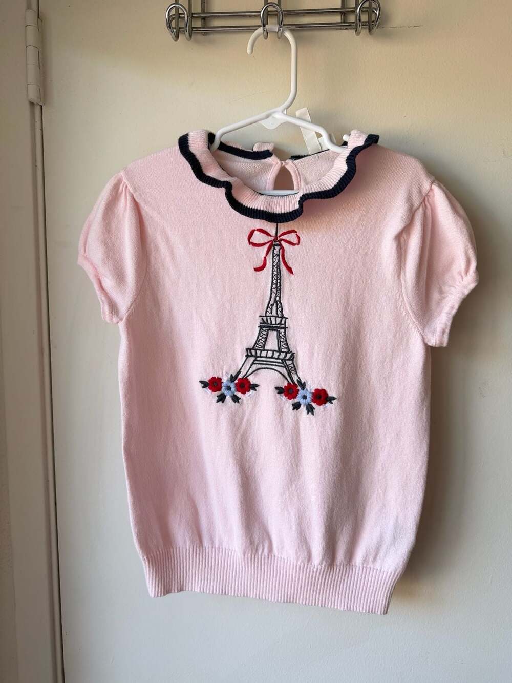 Janie and Jack Eiffel Tower Sweater Size 10 Pink Embroidered Short Sleeve